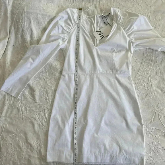 NWT Zara Poplin White Mini Dress Balloon Sleeves Zip Close Women’s Size Small - Picture 8 of 14